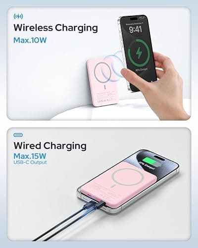 TRKOY for Magsafe Portable Charger,5000mAh Slim Wireless Magnetic Power Bank with USB C Charging,Travel Essential for Magsafe Battery Pack Compatible with iPhone 17/16/15/14/13/12 Series,Pastel Pink thumbnail 5