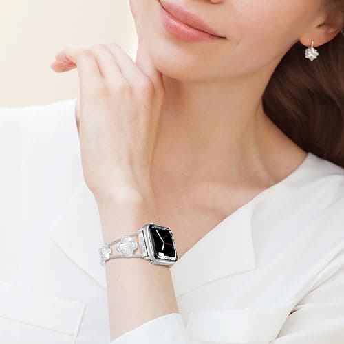 Tasikar Bling Diamond Women Band Compatible with Apple Watch Band 49mm 46mm 45mm 44mm 42mm 41mm 40mm 38mm Ultra SE Series 11 10 9 8 7 6 5 4 3 2 1 Lucky Clover Dressy Replacement Bracelet (Silver) thumbnail 7