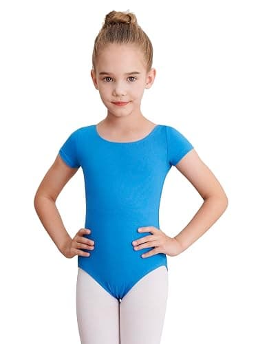 WEGETIT Gymnastics Leotards for Girls Ballet Leotard Toddler girls Bodysuit Short Sleeve Kids Dance Outfits - Blue - 12-14 Years - Image 1