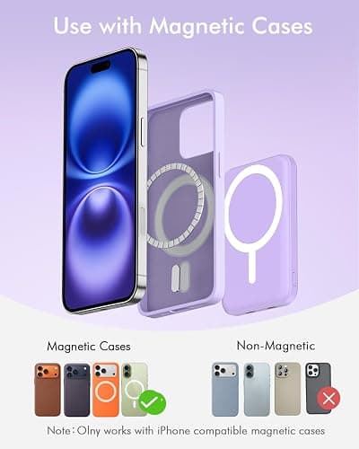 podoru for Magsafe Battery Pack, 5000mAh Magnetic Power Bank with Type-C Cable 20W PD Fast Charging Lighting Input Wireless Portable Charger for iPhone iPhone 17/16/15/14/13/12/ All Series-Purple thumbnail 2