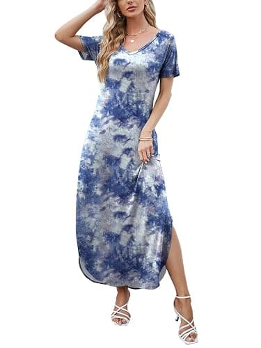 HUSKARY Women's Summer Maxi Dress Casual Loose Pockets Long Dress Short Sleeve Split Maxi Dresses thumbnail 3