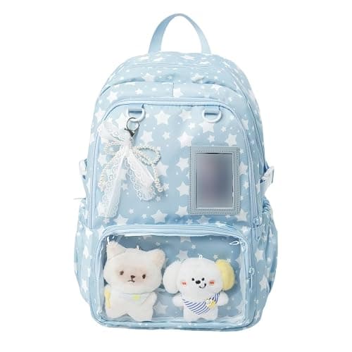 SDSFGX Kawaii School Backpack for Girls Casual Travel School Bags Cute Y2k Daypack with Lace Tie PVC Display Window & Cute Plush Toy - Image 1