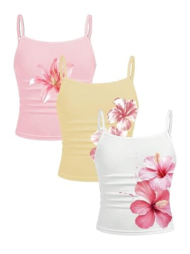 RoseSeek Girl's 3 Packs Cheetah Leopard Floral Tank Top Camisole Tops | Spaghetti Strap, Slim Fitted, Summer Cute, Sleeveless, Teens Size 10-12, Cami - Image 1