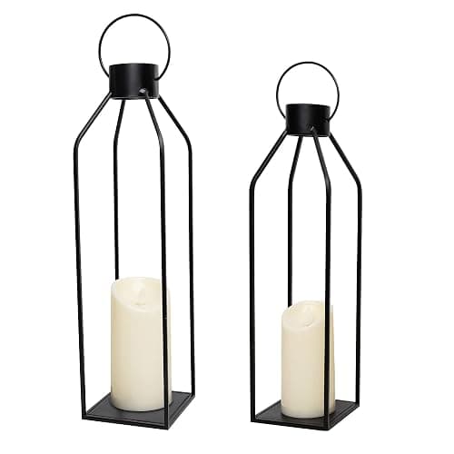 HPC Decor 22'' 19'' Lanterns Decorative w/ Flickering Timer Candles- Large Tall Black Metal Candle Lanterns Set of 2- Modern Farmhouse Decor for Indoor,Outdoor,Tabletop,Porch (No Glass) - Image 1
