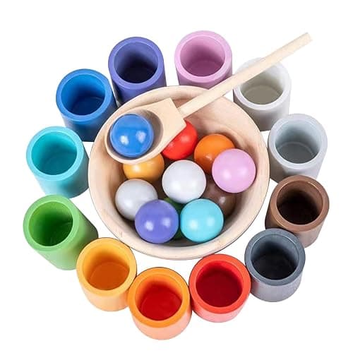 Rainbow Balls in Cups Toddler Montessori Toys for 3 Year Old Up, Kids Preschool Wooden Matching Games for Learning Color Sorting and Counting - Image 1