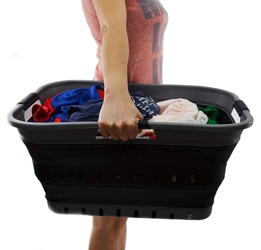 SAMMART 42L Collapsible Plastic Laundry Basket - Foldable Pop Up Storage Container/Organizer - Space Saving Hamper/Basket (1, Grey/Black) thumbnail 7