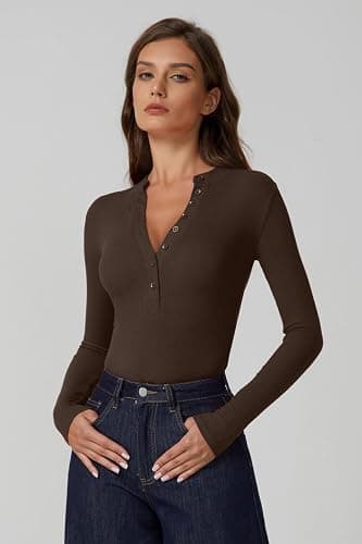 QINSEN Button Down Shirts for Women V Neck Long Sleeve Ribbed Knit Slim Fit Basic Tee Tops thumbnail 2