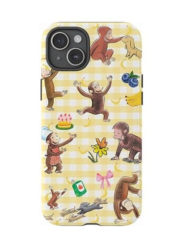 Curious Monkey & Banana George Coquette Photo Phone Case Compatible with iPhone 12/12Pro, Protective Hybrid 2-Layer Hard Shell, Cute Curious Monkey Collection Gingham Bow - Image 1