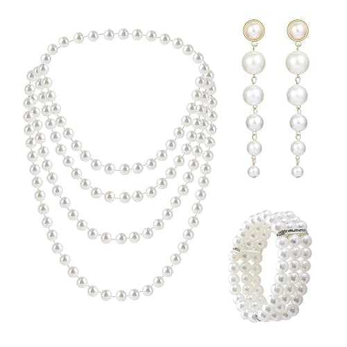 dinghaole 3 Pièces Parure de Bijoux en Perles en Plastique, 1 Collier de Perles Long, 1 Bracelet de Perles et 1 Paire de Boucles d'oreilles, pour Fête, Bal, Mariage, Festival - Image 1