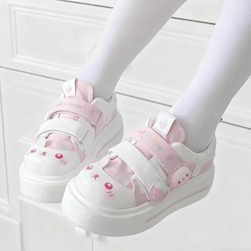 OJQIH Strawberry Bear Sneakers for Women Kawaii Canvas Shoes Cute Lolita Style Hook-and-Loop Strap Aesthetic Platform Loafers Girls Fancy Casual Walking thumbnail 4
