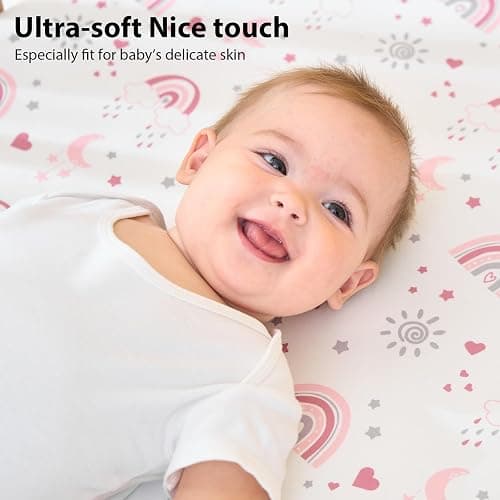 FIEMOL Baby Crib Sheets Girl, 3 Pack Toddler Bed Sheets Fitted for 52”x28” Standard Crib and Toddler Mattresses, Super Soft Microfiber Pink Rainbow thumbnail 3