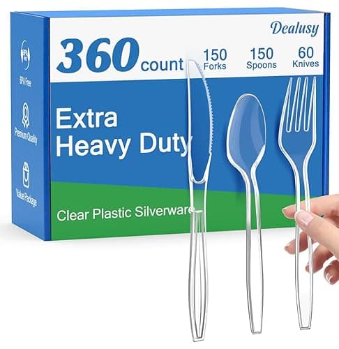 Dealusy 360 Count Extra Heavy Duty Clear Plastic Silverware, 150 Forks, 150 Spoons, 60 Knives, BPA-Free, Heat Resistant, Disposable Plastic Utensils Set, Plastic Cutlery Set, Plasticware Bulk - Clear - Image 1