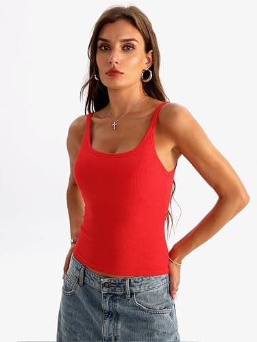 Danysu Women's Tank Tops with Bulit in Bras Scoop Neck Ribbed Fitted Knit Crop Halter Tops Spaghetti Strap Camisole thumbnail 2