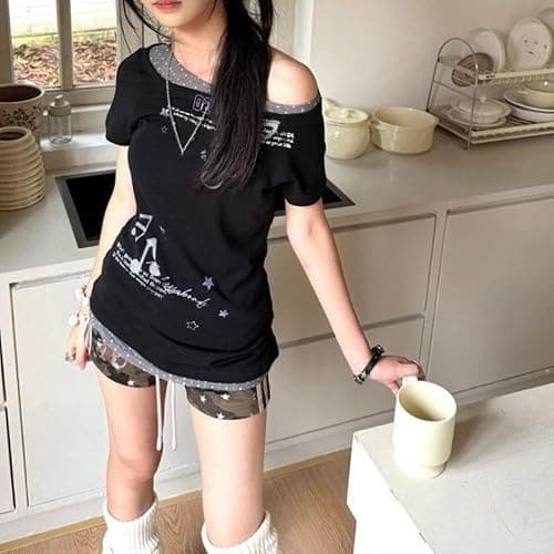 Harajuku Vintage Y2K Gyaru Music Graphic Tees Women Punk Gothic Shirts V Neck Slim Fit T-Shirts Summer Going Out Top thumbnail 4
