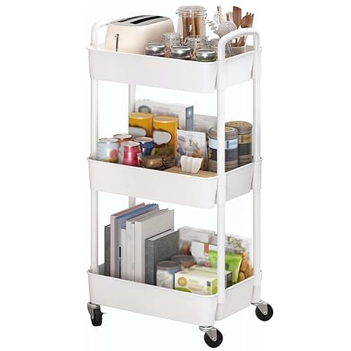Sywhitta 3-Tier Plastic Rolling Utility Cart with Handle, Multi-Functional Storage Trolley for Office, Living Room, Kitchen, Movable Storage Organizer with Wheels, White - Image 1