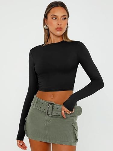 Trendy Queen Womens Long Sleeve Crop Tops Basic Slim Fitted Shirts Fashion 2025 Going Out Y2k Tops Teen Girl Clothes thumbnail 2