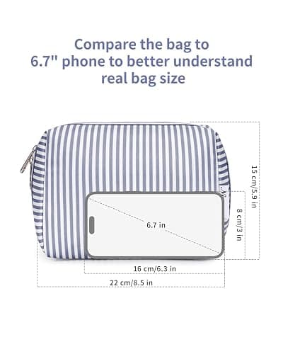 Narwey Striped Makeup Bag Travel Cosmetic Bag Organizer Toiletry Bag Make Up Bags with Compartments for Women Girls (Large, Greyish Blue Stripe) thumbnail 4