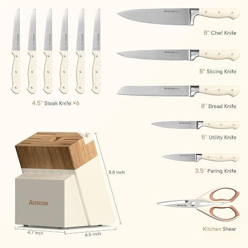 Knife Set,Astercook Kitchen Knife Set with Block 14-Piece Full Tang Stainless Steel Knives with Sharpener Dishwasher Safe and Anti-Slip Ergonomic Handle Valentine's Gift Utensils Set thumbnail 2