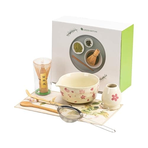 Grnstf Matcha Set 8-Piece Japanese Tea Ceremony Kit with Ceramic Bowl, Bamboo Whisk & Holder, 2 Scoops, Strainer, Tea Cloth - Complete Gift Set for Traditional Brewing(Gradient flower) - Image 1
