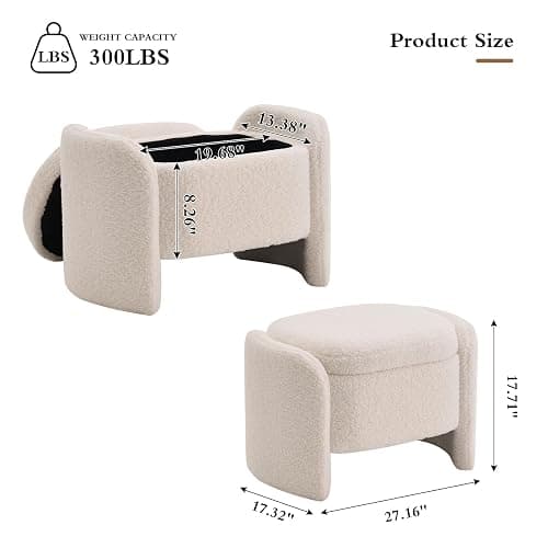 TUOMUR 27 Inch Teddy Fabric Oval Storage Ottoman, Upholstered Foot Stools Ottoman with Storage, Vanity Stool, Modern Multifunctional Chair for Makeup Room, Bedroom, Living Room (Beige) thumbnail 2