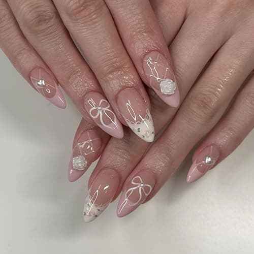 XZMeiLun Handmade 3D Flower Pearl French Tips Press On Nails Almond Medium, Floral Bow French Tip Designer Reusable Acrylic Fake Nails With Cute Glue On Nails, Daily Wear Nails For Women Girls - Image 1