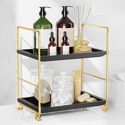 FSyueyun 2-Tier Bathroom Countertop Organizer, Tool-Less Installation Premium Plastics Makeup Shelf Organizer Perfume Skincare for Dresser Vanity Tray Organizers and Storage (Gold & Black) - Image 1