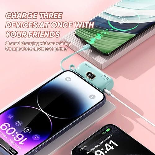 Mini Portable Charger with Built-in Cable, 22.5W High-Speed Portable Chargers, Fast Charging 5000mAh Battery Pack, Mini Charger Bank with Built-In Foldable USB-C Connector For Smartphone (Pink) thumbnail 3