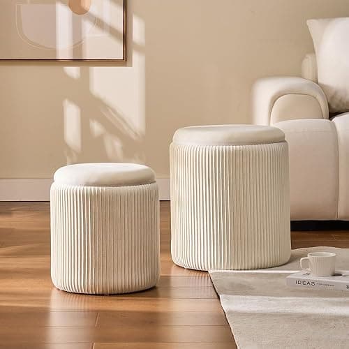 BLEXA Round Set of 2 Ottoman with Storage-Upholstered Velvet Vanity Stool for Makeup Multifunctional Ottomans Coffee Table Padded Seat Foot Rest for Living Room&Bedroom（White） - White - Engineered Wood thumbnail 4