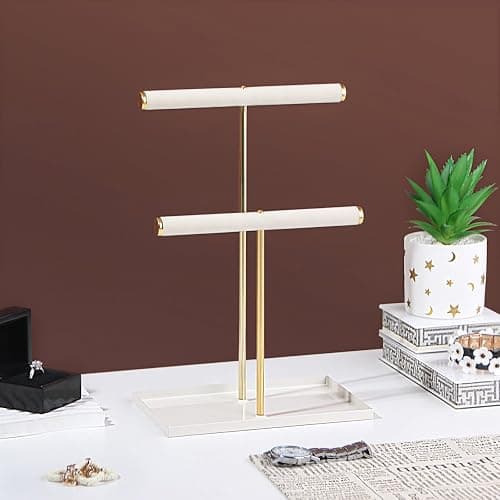 2 Tier Necklace Bracelet Holder Stand, Multi-Use Jewelry Display Organizer with Metal Tray, Velvet T-Bar Metal Necklace Organizer Stand, Jewelry Hanger Tower Rack for Men Women (Gold 12" Tall) thumbnail 7