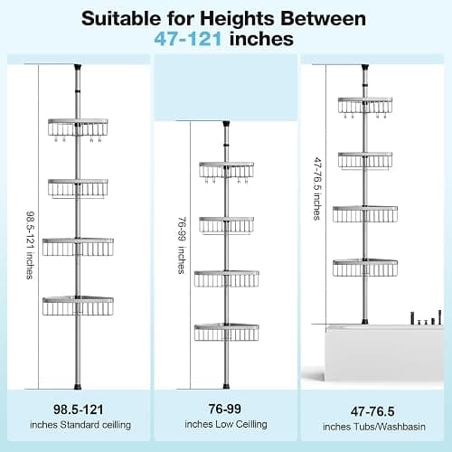 ESSEME Corner Shower Caddy Tension Pole: Adjustable Rustproof 4-Tier Inside Bathroom Organizer - 47-121 inch Quick Installation Bathtub Shelves for Shampoo Storage - Rod Floor Standing Bath Rack thumbnail 2