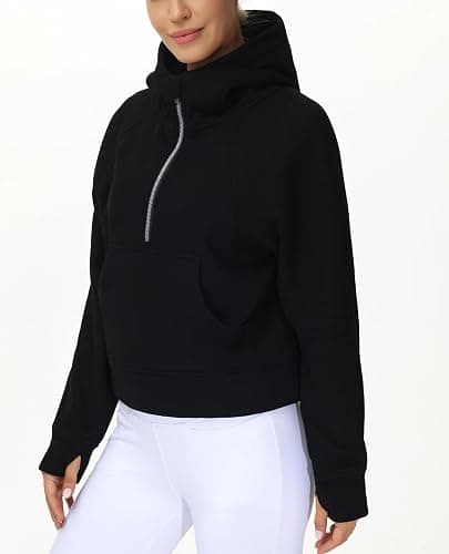 THE GYM PEOPLE Womens' Hoodies Half Zip Long Sleeve Fleece Crop Pullover Sweatshirts with Pockets Thumb Hole thumbnail 2