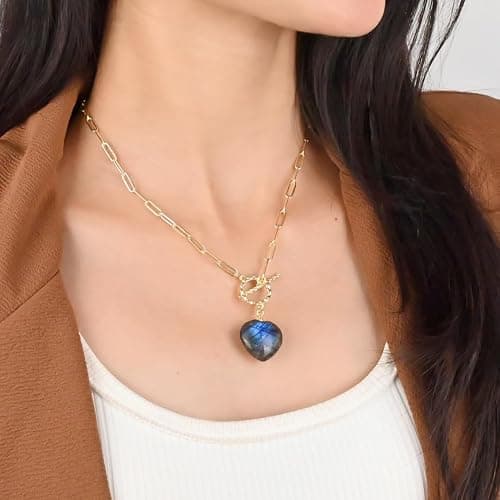 Gempires Gemstone Heart Front Toggle Necklace for Women with gold Paperclip Chain, Toggle Clasp Jewelry for Women, Gift for Her | Heart, Pendant, Dainty, Stylish, 20mm, Toggle Lock, Jewelry, Gift for Mom Wife Girlfriend thumbnail 2