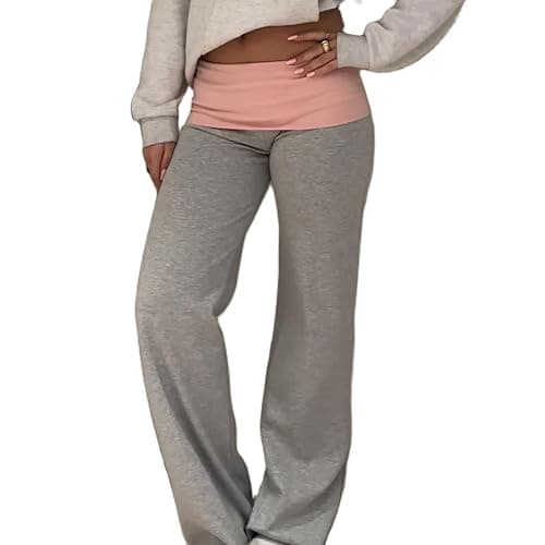 Women's Fold Over Lounge Pants Low Rise Wide Leg Yoga Sweatpants Stretchy Bell Bottoms Leggings Roll Over Pants - Image 1