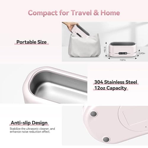 BYASKZIV Jewelry Cleaner Ultrasonic Machine, Upgraded 48KHz Ultrasonic Cleaner with 304 Stainless Steel for Jewelry, Eyeglasses, Rings, Watch Strap, Dentures-Pink thumbnail 6