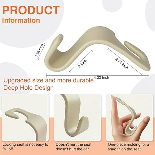 KULOLO 4-Pack Car Seat Hooks - 55 lb Each, Fits 0.32-0.55 in Headrest Rods | Purse holders; PP construction; tool-free setup; 360° swivel; beige; for groceries, backpacks, gym bags, and baby gear thumbnail 2