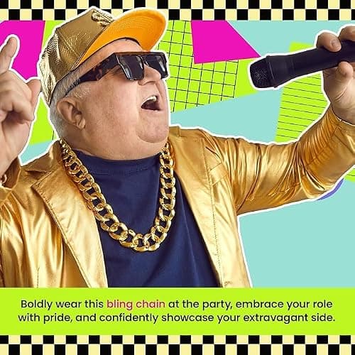Fake Gold Chain Fancy Dress Jewellery for Men and Kids - Chunky Gold Necklace Costume Jewellery for 80s Fancy Dress Men - Gangster Chain for Rapper, Hip Hop Outfit or Pimp Costume thumbnail 7