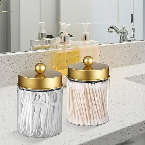 Komashr 3PC Farmhouse Decor Qtip Holder Apothecary Jars Bathroom Vanity Storage Organizer -Countertop Canister Container &Cute Stickers for Cotton Swab,Ball,Pad,Floss,Paper Clips (Gold,Plastic) thumbnail 2