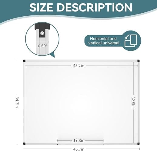 Magnetic Dry Erase Whiteboard - 46 x 33 Inch White Board - 4 x 3 Large Wall-Mounted Board with Silver Aluminum Frame, 1 Magnetic Eraser, 2 Pens, Detachable Marker Tray, 6 Magnets thumbnail 2