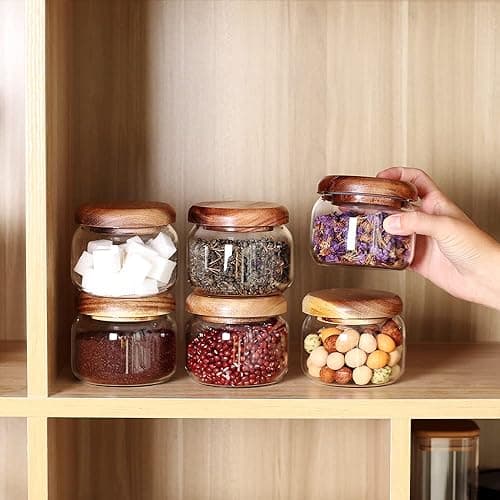 SAIOOL Kitchen Canisters Set of 6-8.5oz Glass Spice Jars With Acacia Airtight Lid and Labels Round Spice Bottles for kitchen Seasoning Baby Food Kids Snacks Meal Prep Containers Candle - MINI Acacia Set - Image 1