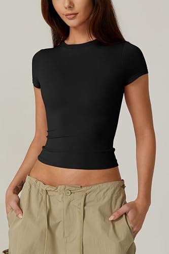 QINSEN Women's Crew Neck Short Sleeve Double-Layer Tops Basic Slim Fit Going Out T Shirt thumbnail 3