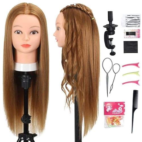 Opini Mannequin Head with 80% Human Hair 26-28" Doll Head for Hairdresser | Cosmetology Manikin Head for Hairdresser Salon Beginner to Practice Braiding Cutting & Kids Play Training Head(Light Brown) - Image 1