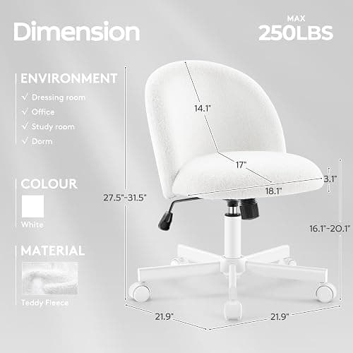 Morkprism Vanity Chair with Back,Armless Desk Chair Cute Small Office Chair,Teddy Fabric Computer Chair with Adjustable Height,120°Tilting,Rolling,Swivel for Vanity,Kids Room,Office,Bedroom White thumbnail 2