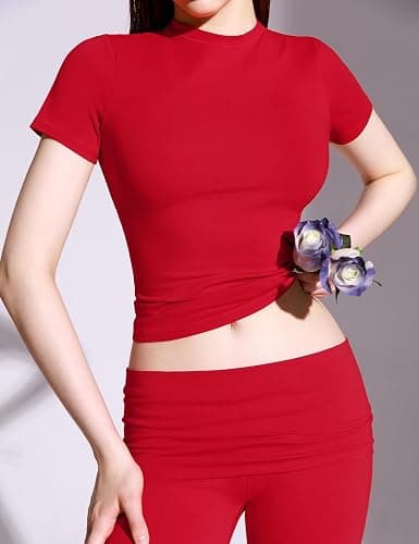 PUMIEY Women's 2 Piece Lounge Sets Short Sleeve Tops Fold-Over Flare Pants Casual Outfits Matching Set Nap Collection thumbnail 5