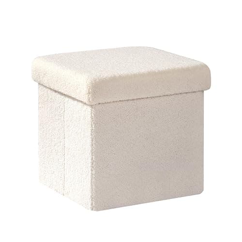 PINPLUS Storage Ottoman Cube Square Shaped Ottomans with Storage Foot Stool Footrest for Lving Room Boucle Ottoman Seat for Dorm Room,Faux Teddy Fur White,12.6"x12.6"x12.6" - Image 1