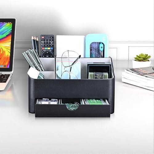 KINGFOM Desk Tidy Organiser mit 5 Grids and Drawer, PU Leather Desk Organiser Office Desktop Stationary Organiser Holder Large Capacity Pen Pot Pen Holder for Desk Accessories (Black) thumbnail 6