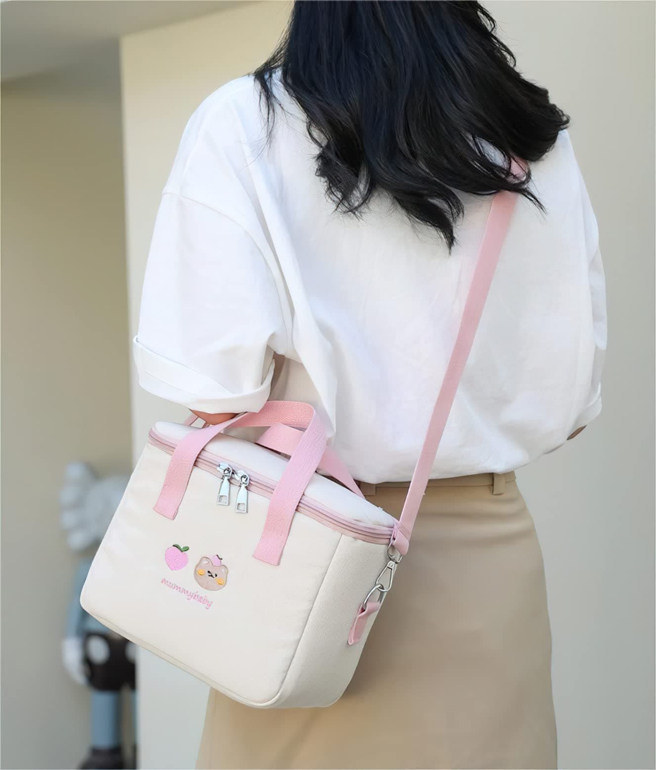 LaurelTree Aesthetic Kawaii Cute Lunch Bag Box with Straps Insulated Waterproof Durable for Women Girls Kids Office School (Pink) thumbnail 4