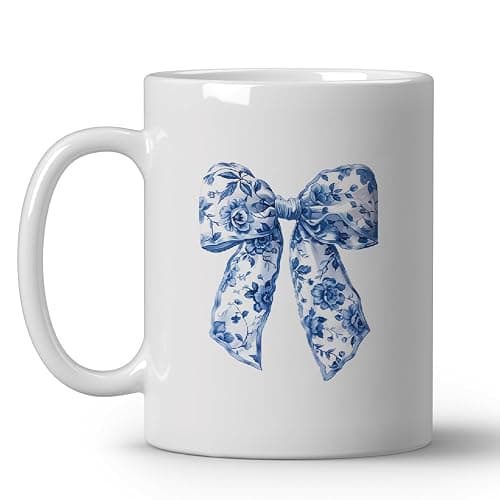 JKMBN Chinoiserie Bow Coffee Tea Mugs, Coquette Grandmillennial Bows Ceramic Coffee Mug, Vintage Blue Coffee Cup, 11oz Ceramic Cup White - Image 1
