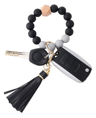 BAOSIWA Silicone Beaded Bracelet Keychain Wristlet Key Ring Bangle Chains for Women with Leather Tassel - Image 1
