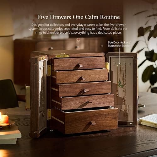Wenseny Lockable Walnut Jewelry Box with Key, 5-Layer Jewelry Storage Box | for Necklaces, Rings, Earrings & Bracelets - Ideal for Birthdays, Anniversaries & Christmas thumbnail 4