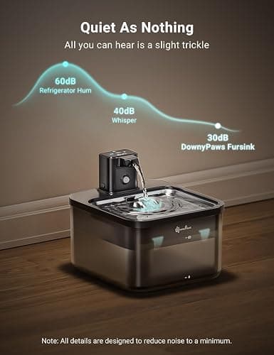 DownyPaws 2.5L Trinkbrunnen für Katze Kabellos, Katzenbrunnen Kabellos mit Bewegungsmelder und Batteriebetrieben, 4000mAh, Leise Wasserpumpe, Tablett aus Edelstahl für Katze, Schwarz mit 6 Filters thumbnail 6